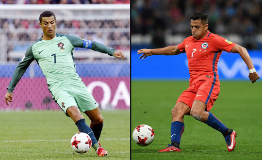 29일(한국시간) 러시아 카잔 카잔아레나에서 열릴 2017 컨페더레이션스컵 4강전 포르투갈과 칠레의 경기를 앞두고 양 팀의 에이스인 크리스티아누 호날두(왼쪽, 포르투갈)와 알렉시스 산체스(오른쪽, 칠레)가 훈련에 임하고 있다. <연합뉴스>